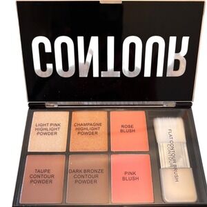 6-Pan Contour Highlight and Blush Face Palette with Flat Contour Brush Black